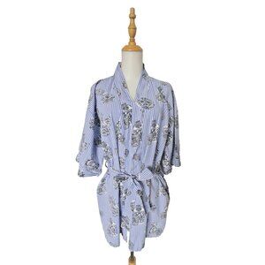 Oak Lane Robe Size S/M Ginger Jar Blue White Stripe 100% Cotton Kimono Sleeve